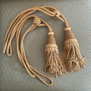 Drapery Curtain Tie Backs Twist Gold Cord Rope & Beaded Large Tassels Set of 2